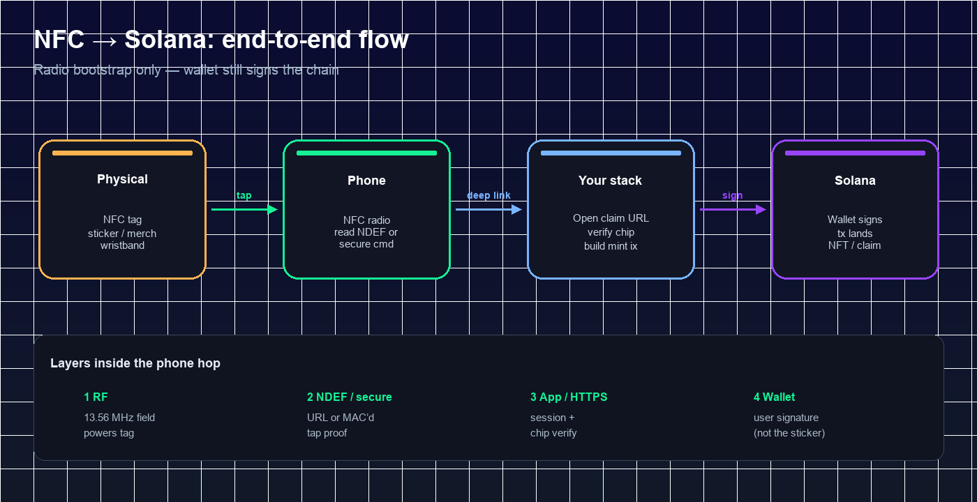 NFC to Solana end-to-end flow: tag, phone, app stack, chain
