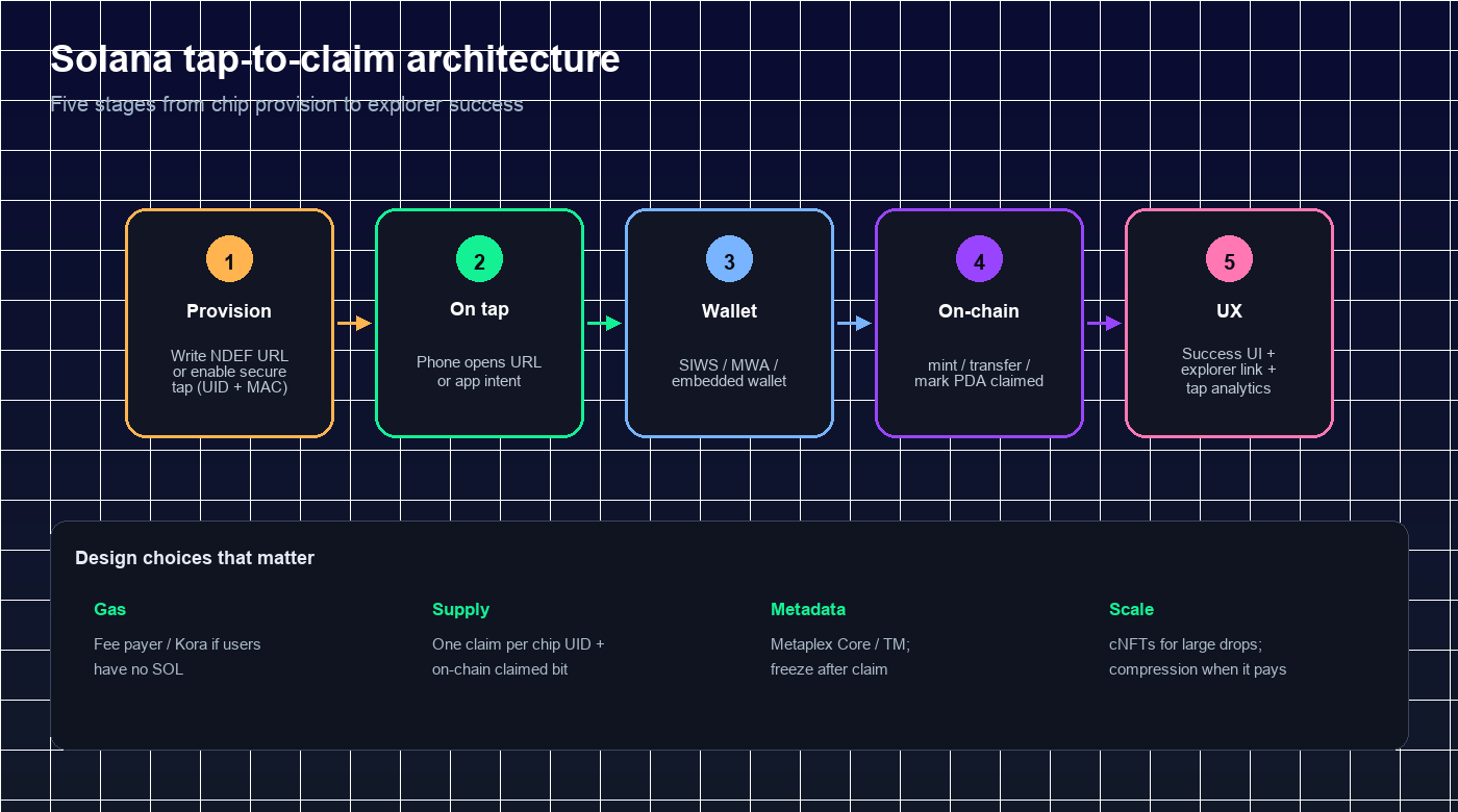 Solana NFC tap-to-claim: provision, tap, wallet, on-chain, UX
